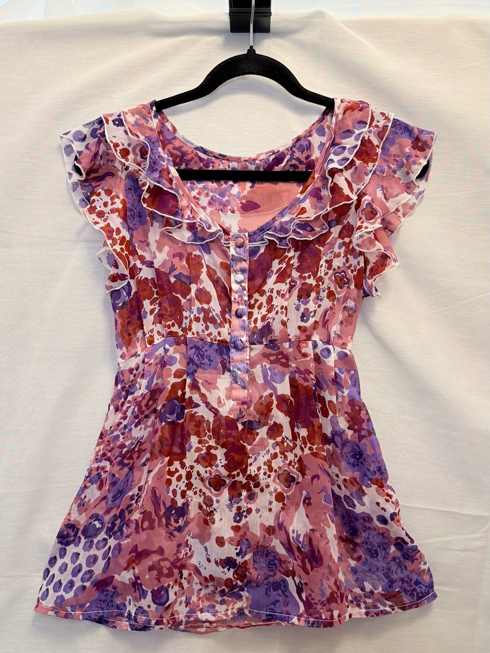 Sheer Floral Ruffle Cap-Sleeve Babydoll Top